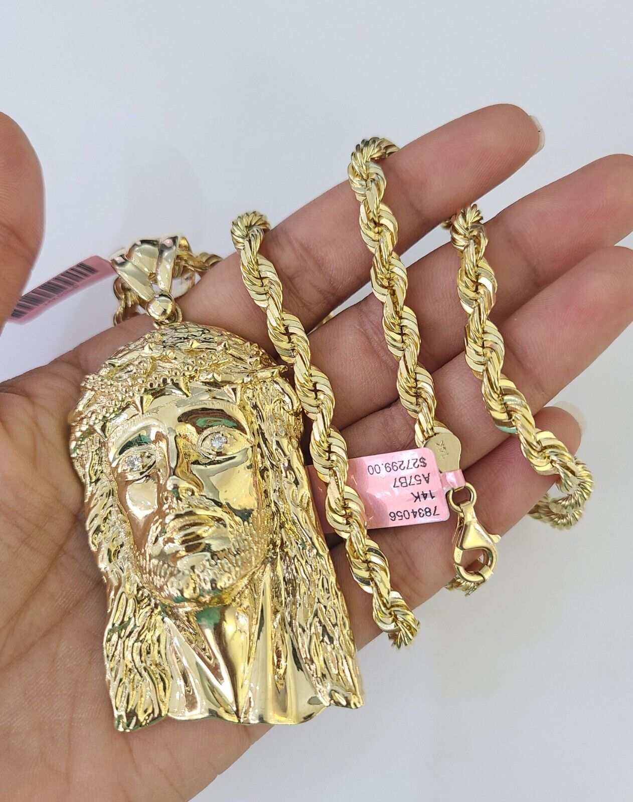 Real 14k Solid Rope Chain Jesus Head Charm Set 6mm 18"-30" Necklace Gold