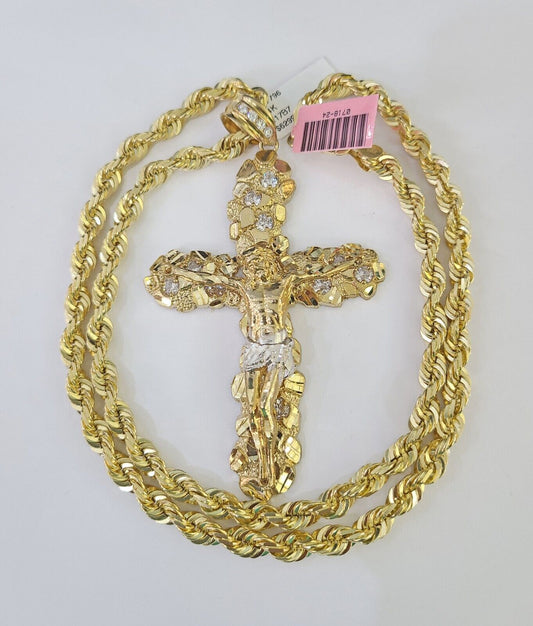 Real 14k Solid Rope Chain Jesus Cross Charm Set 6mm 18"-30" Necklace Gold