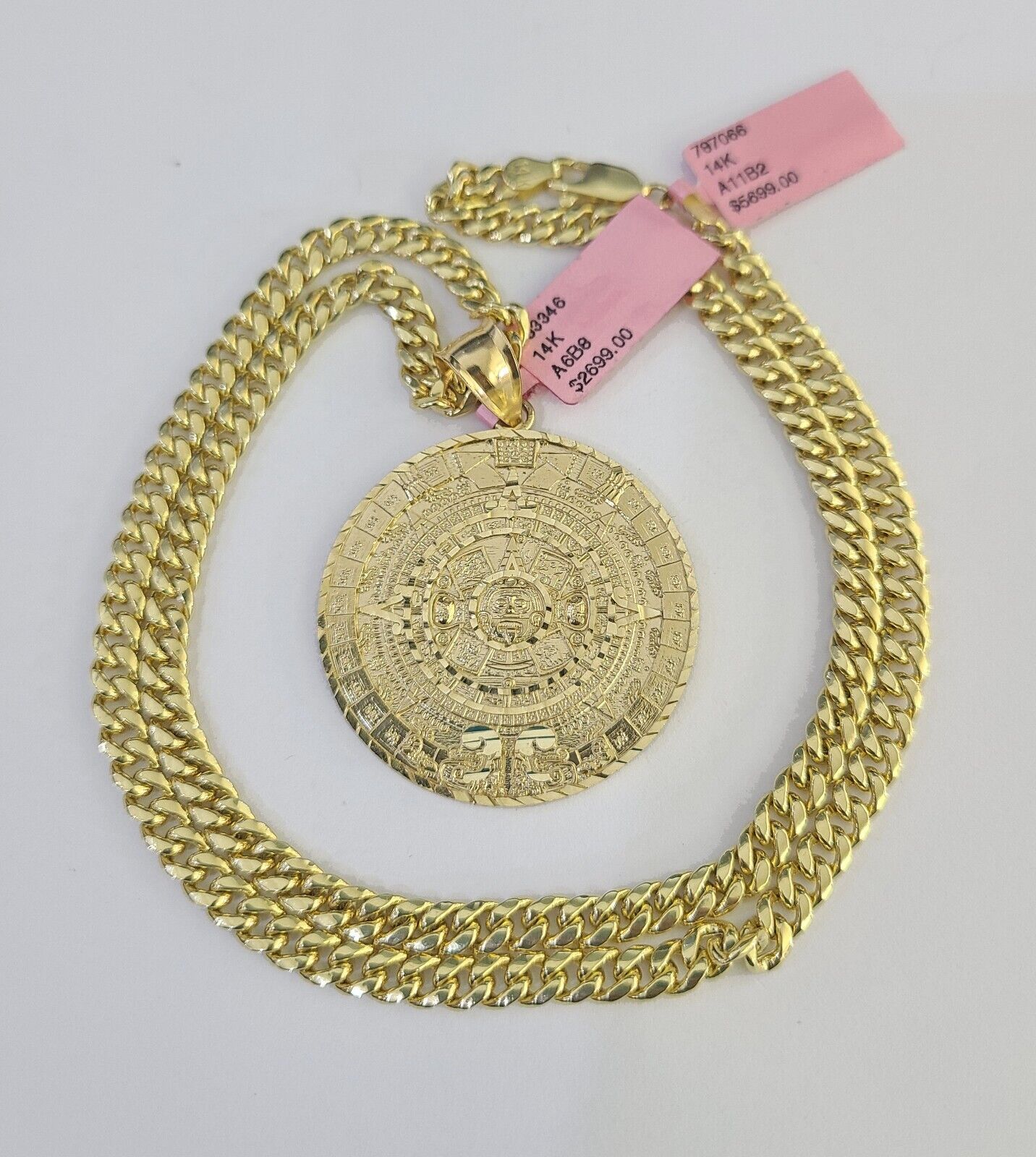 14k Chain Mayan Calendar Charm Set Miami Cuban Link 5mm 18"-30" Necklace Pendant