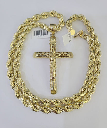 Real 10k Rope Chain Jesus Cross Charm Set 8mm 20"-30" Inch Necklace Yellow Gold