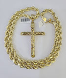 Real 10k Rope Chain Jesus Cross Charm Set 8mm 20"-30" Inch Necklace Yellow Gold