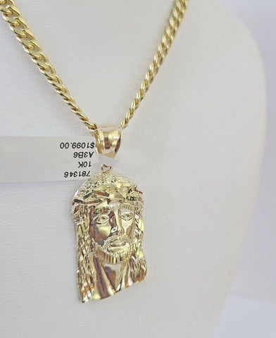10k Yellow Gold Chain Jesus Head Charm Pendant Set 5mm Miami Cuban Link Necklace