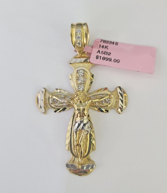 14k Jesus Christ CZ Cross Charm Pendant Yellow Gold REAL Genuine Diamond Cuts