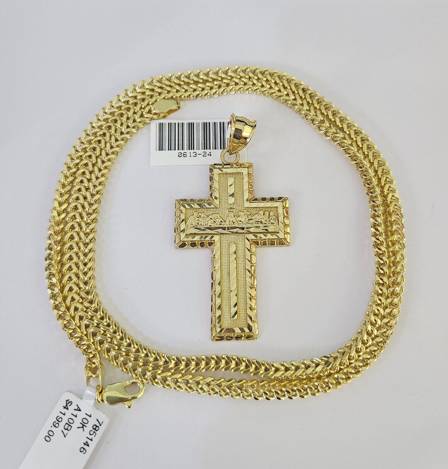 10K Franco Chain Last Supper Cross Pendant Charm Necklace 20"-26" 3mm Gold SET