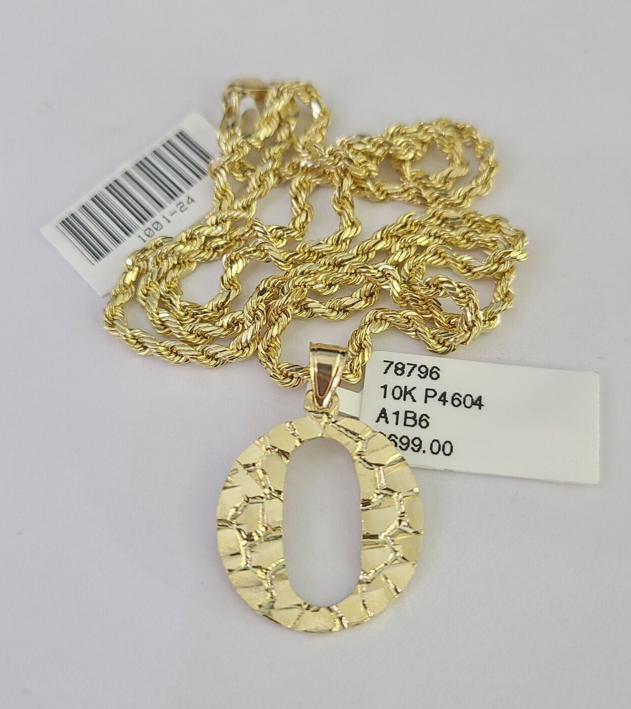 10k Gold Initial O Charm Rope Chain 16"-26" 2.5mm SET Necklace Alphabet Pendant