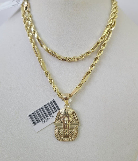 10k Milano Rope Chain Pharaoh Head Charm Necklace SET 3mm 18" 20" 22" 24 Pendant