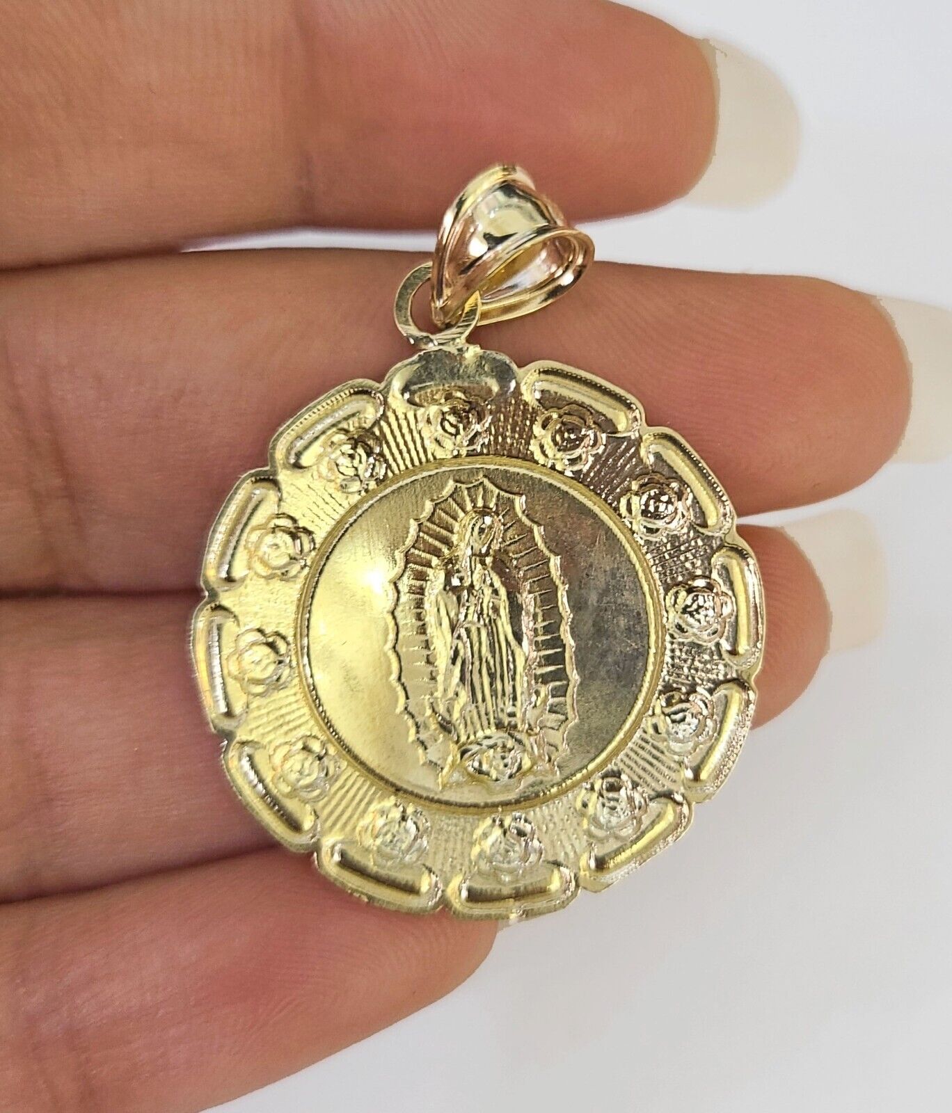 Real 10K Jesus Virgin Mary Pendent Charm 10kt yellow Gold Guadalupe