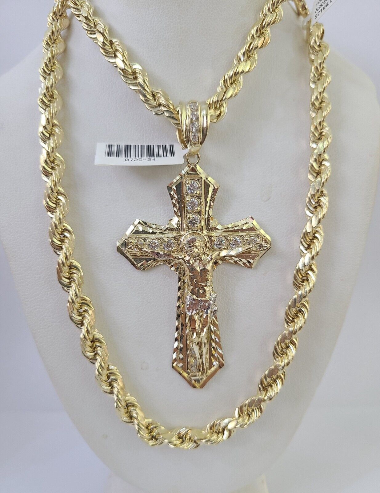 Real 10k Rope Chain Jesus Cross Charm Set 7mm 20"-28" Inch Necklace Yellow Gold