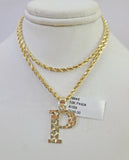 10k Gold Initial P Charm Rope Chain 16"-26" 2.5mm SET Necklace Alphabet Pendant