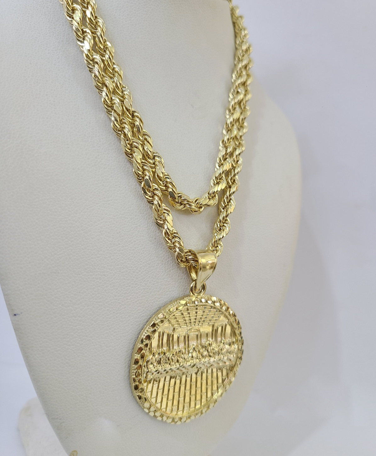 Real 10k Gold Rope Chain Last Supper Nugget Pendant Set 5mm 18"-28"