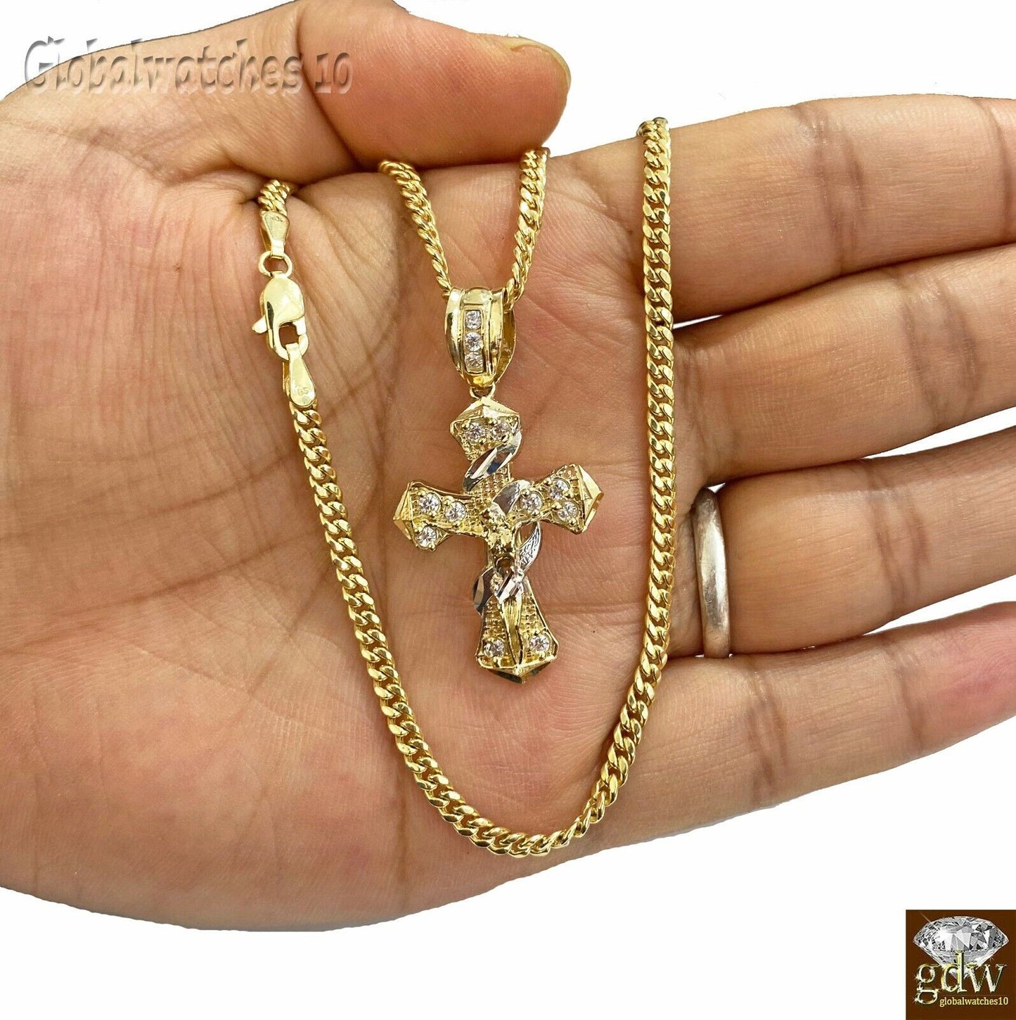 10k Gold Men Cross Charm Pendant Miami Cuban Rope Chain 20 22 24 26 Inch