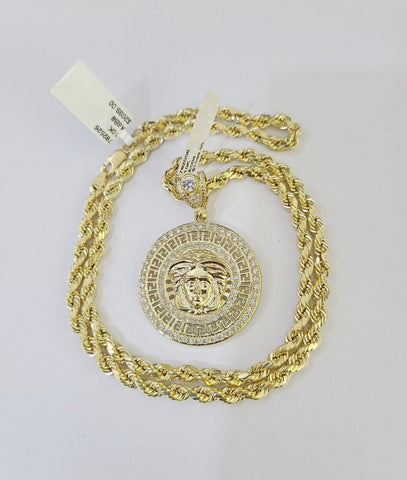 Real 10k Yellow Gold Rope Chain Head Charm Set 4mm 18"-26"Inch Necklace