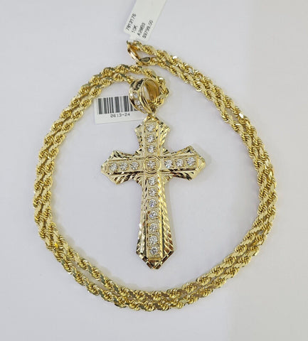 10k Solid Rope Chain Jesus Cross Charm Set 4mm 18"-28" Necklace Yellow Gold