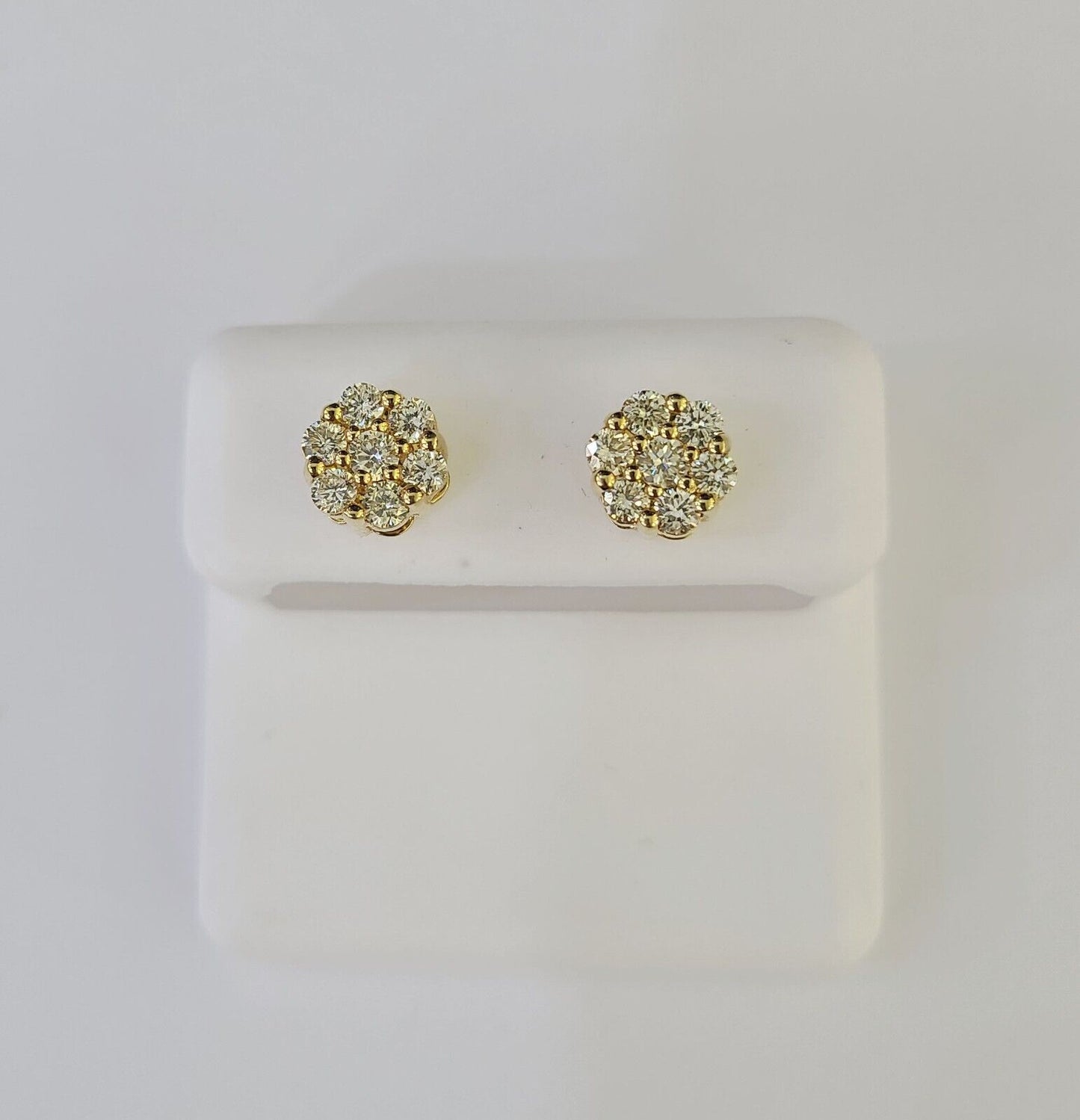 10k Diamond Flower Earrings Yellow gold Real screw-back Women Men Studs