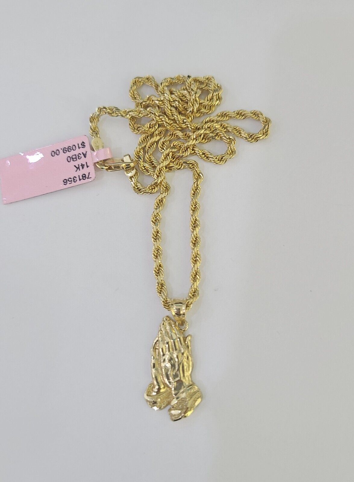 14k Rope Chain Praying Hands Charm Pendant Gold 2mm 18"-24inch SET Necklace