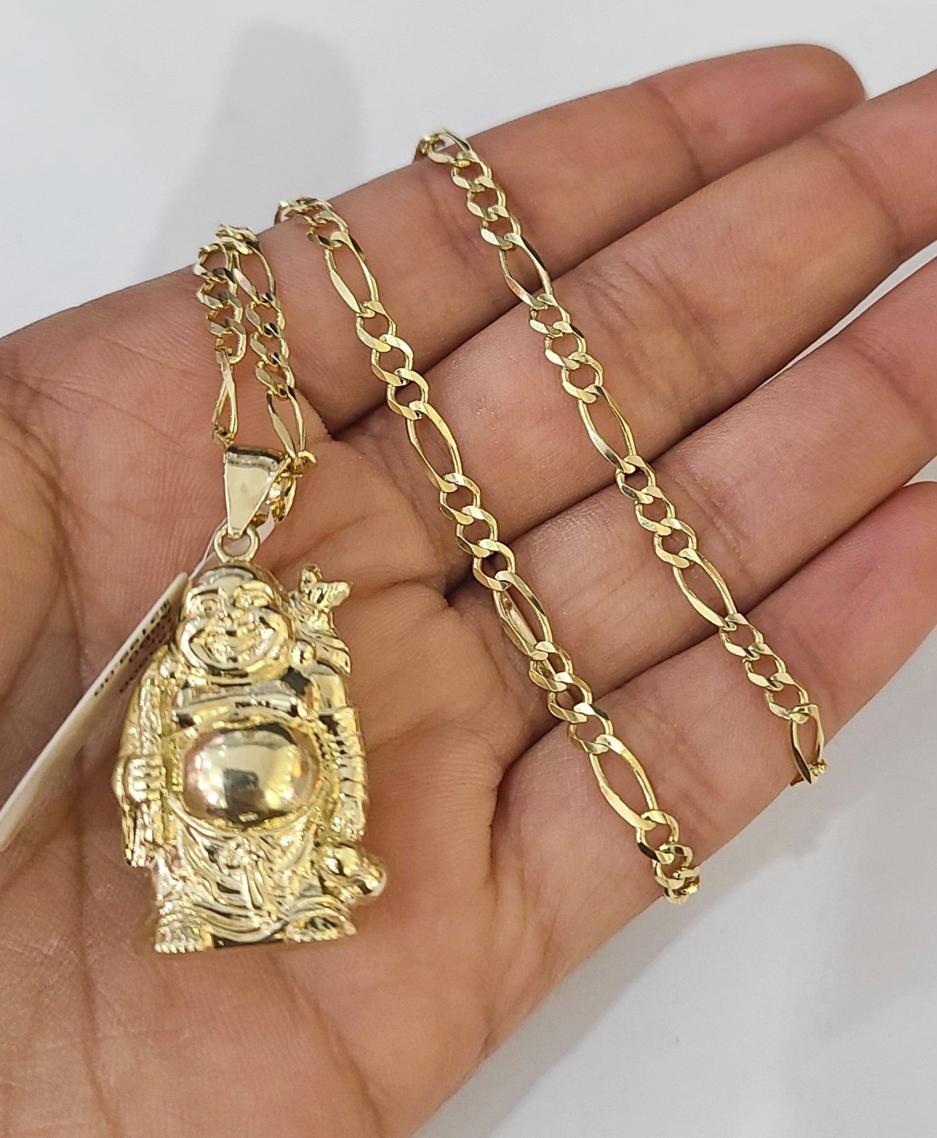 10k Figaro Chain Laughing Buddha Pendant Charm Gold 3mm 20-28 inch SET Necklace