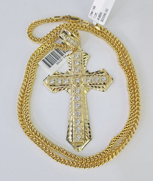 10K Franco Chain Jesus Cross Pendant Charm Necklace 20"-26" 3mm Gold