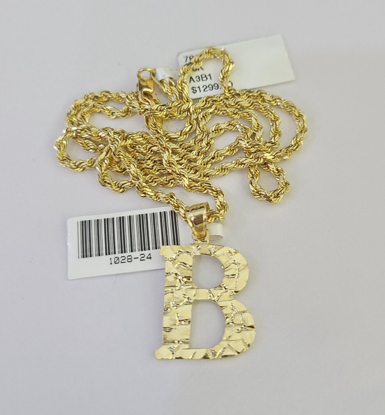 10k Gold Initial B Charm Rope Chain 16"-26" 2.5mm SET Necklace Alphabet Pendant