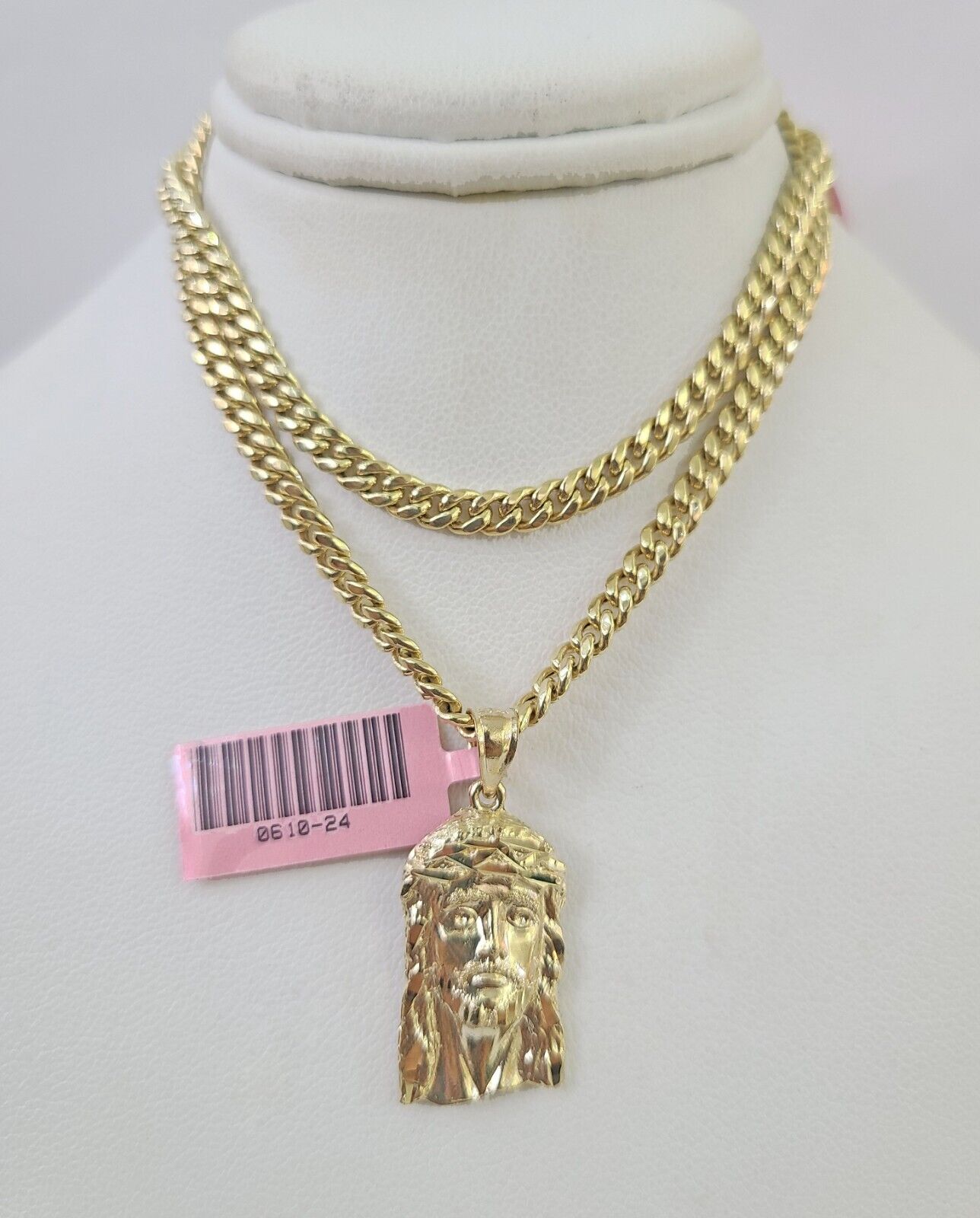 Real 14k Chain Jesus Head Charm Set Miami Cuban Link 4mm Necklace Pendant