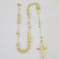 Real 14k Gold Rosary Necklace INRI Jesus Cross Women 22" Diamond Cut Solid