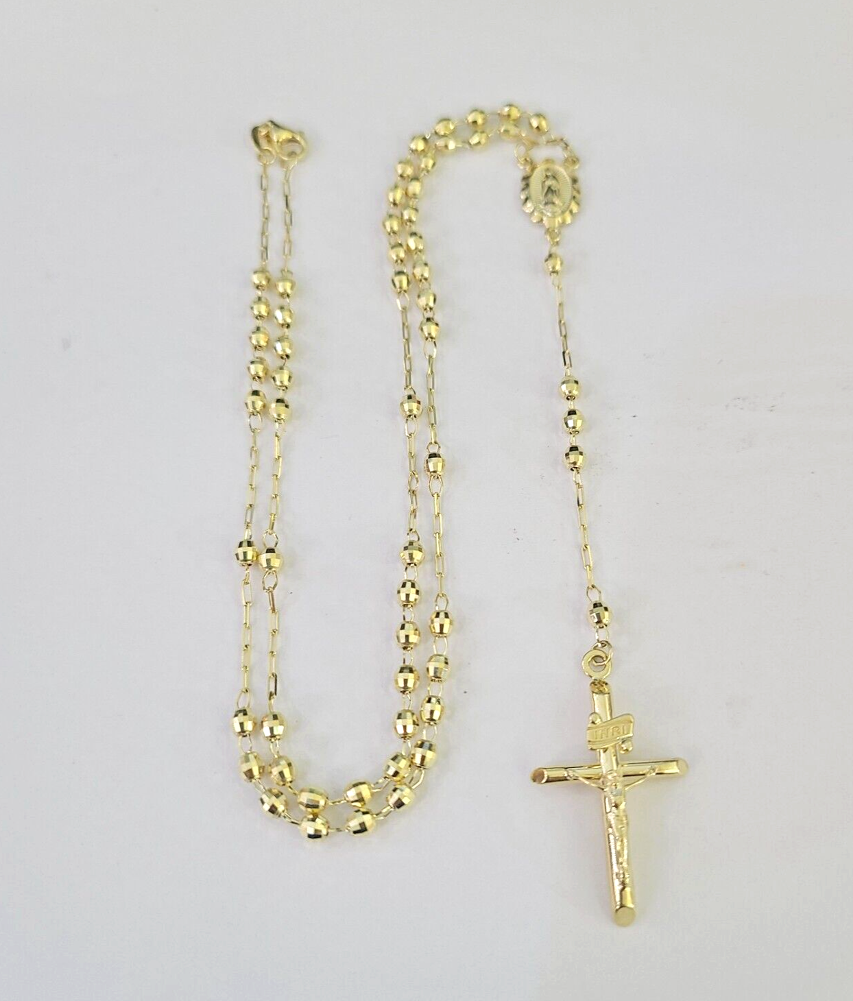 Real 14k Gold Rosary Necklace INRI Jesus Cross Women 22" Diamond Cut Solid