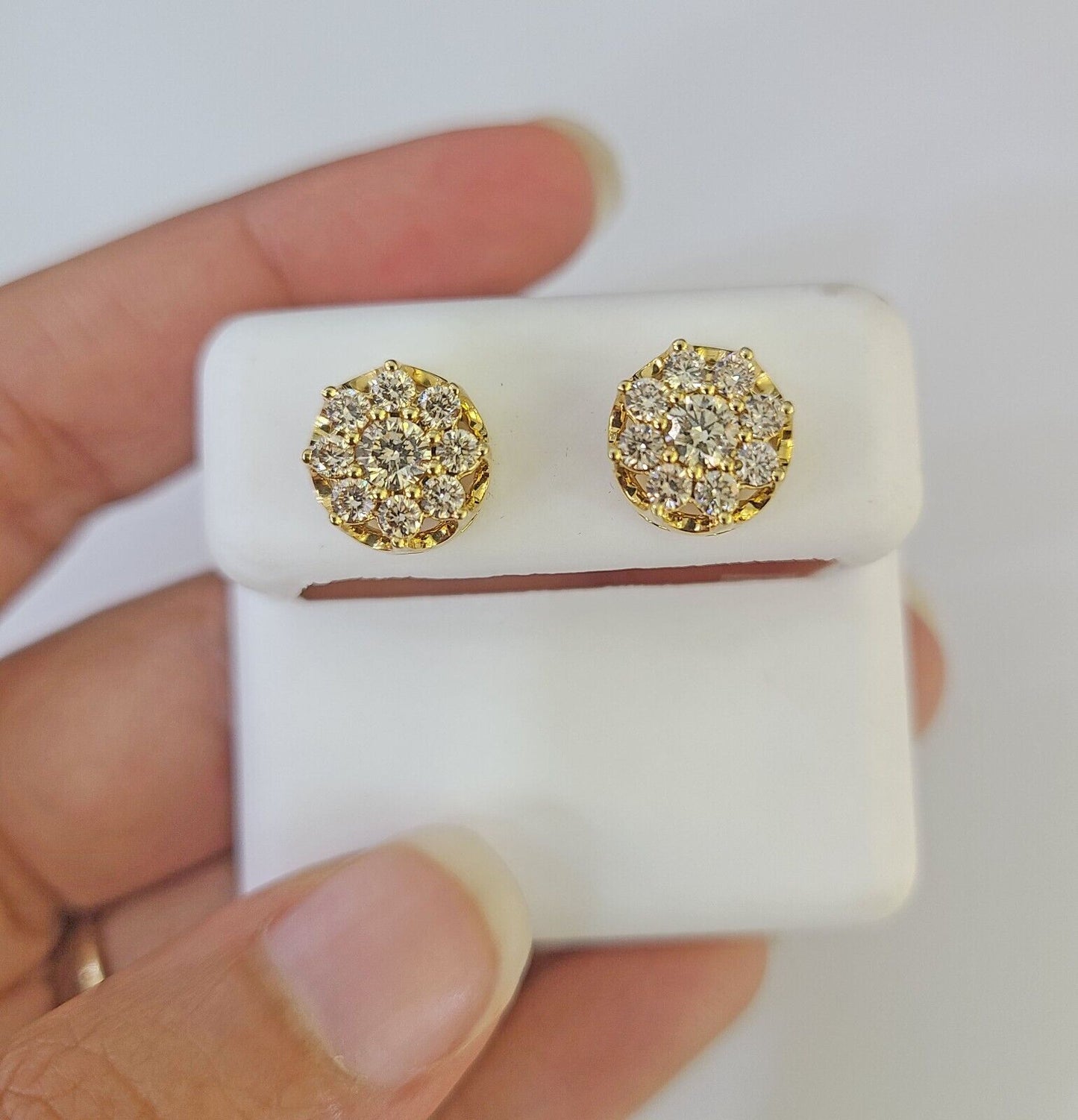 10k Diamond Flower Earrings Yellow gold Real screw-back Women Men Studs