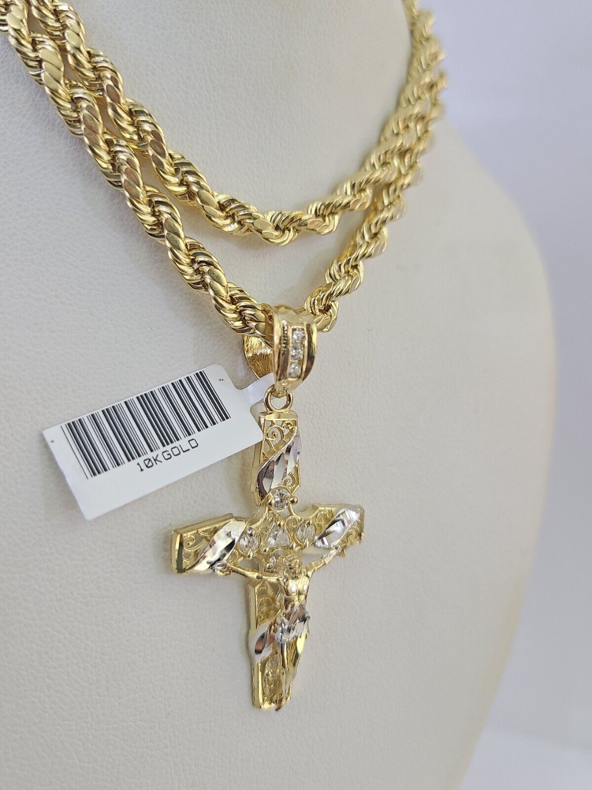 Real 10k Rope Chain Jesus Cross Charm Necklace Pendant Set 5mm 20"-30" Inch Gold