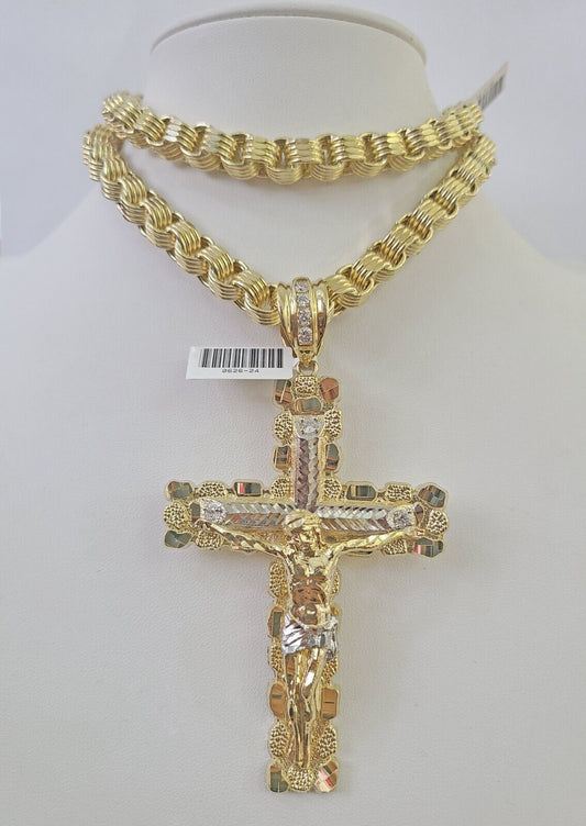 10k Gold Byzantine Necklace Jesus Cross Charm 20-30 inches 9mm REAL SET Chain