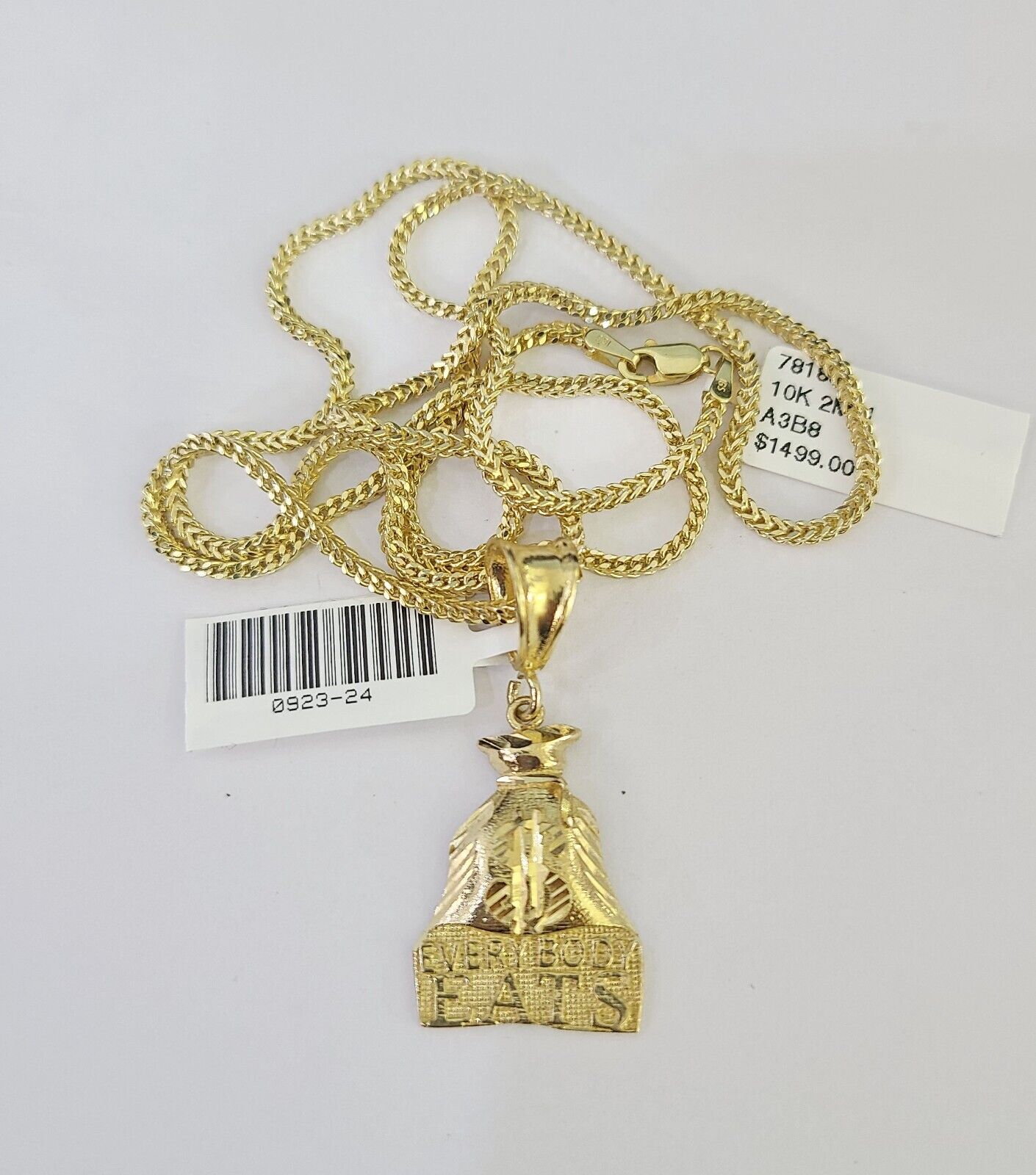 10K Franco Chain Everybody Eats Pendant Charm Necklace 16"-24" 2mm Gold SET