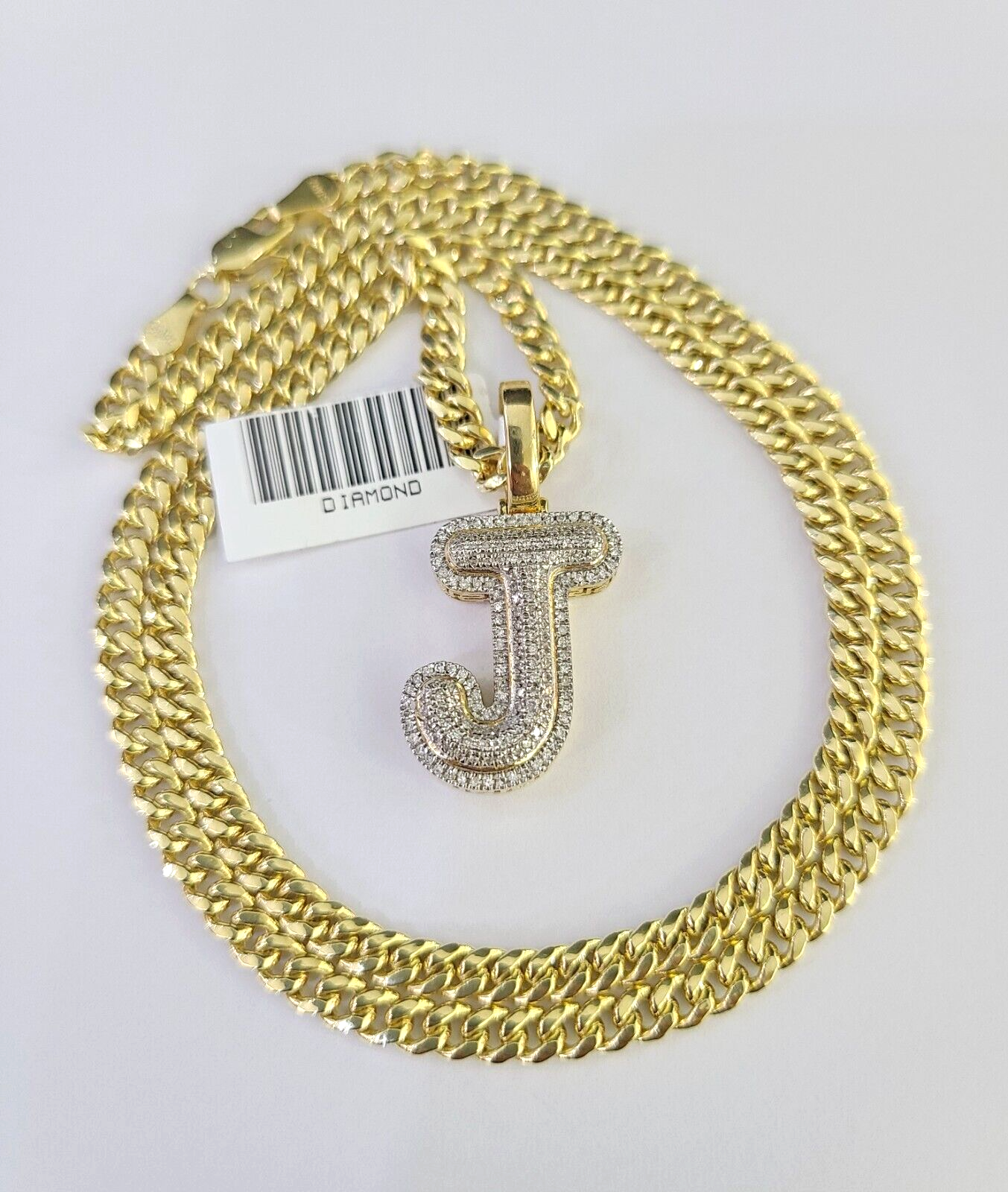 10k Miami Cuban Chain Diamond J Initial Charm Set 4mm 18"-28" Necklace Gold