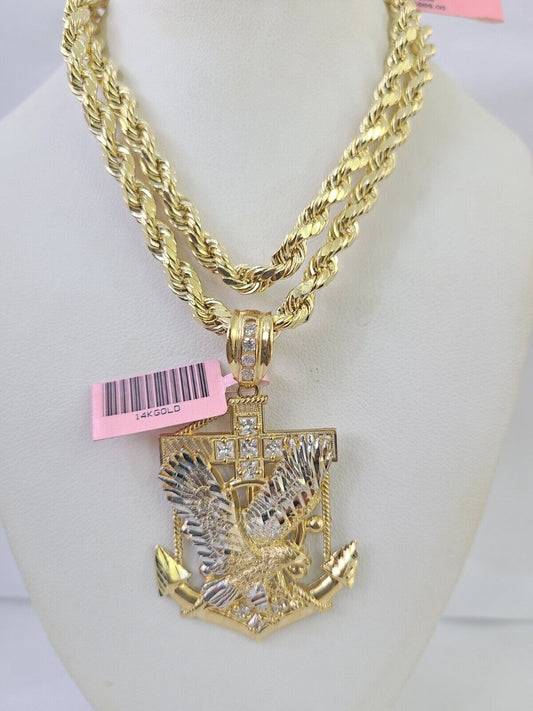 Real 14k Rope Chain Eagle Anchor Charm Set 6mm 18"-28" Necklace Yellow Gold