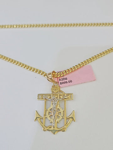 14k Yellow Gold Miami Cuban Chain Jesus Anchor Charm Set 3mm 18"-26" Necklace