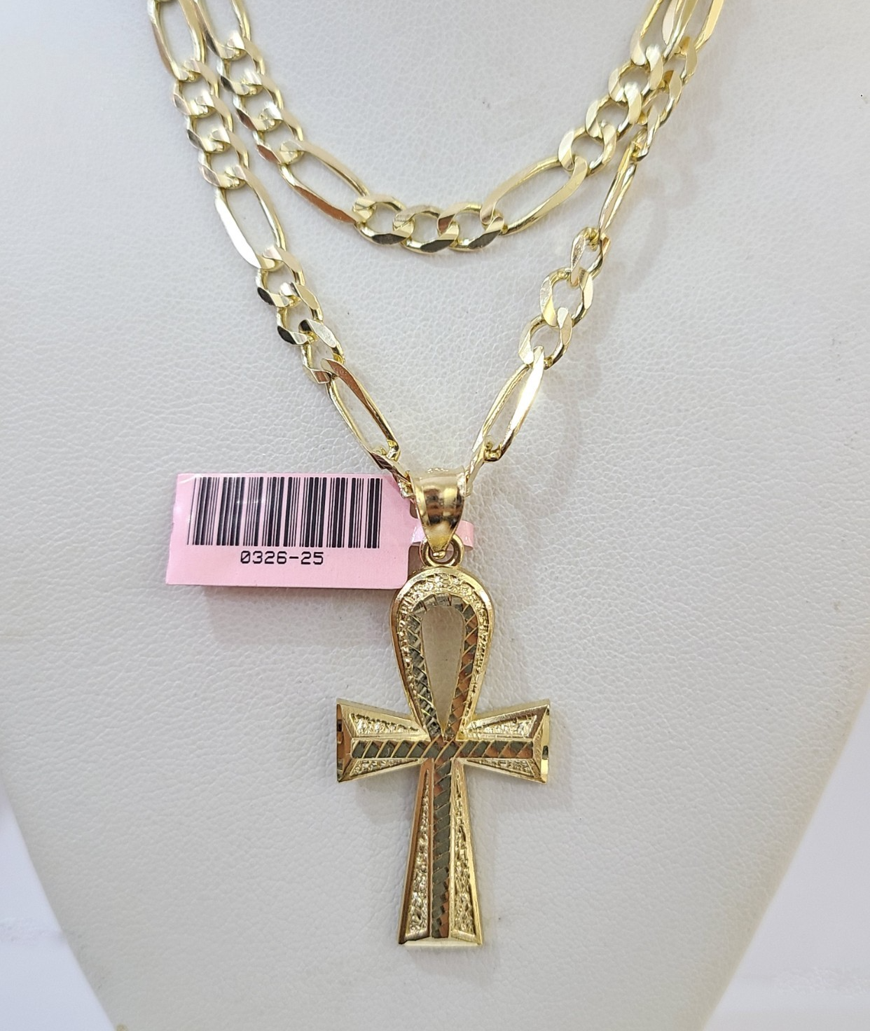 14k Solid Figaro Chain Ankh Jesus Cross Pendant Gold 5mm 18-28 inch SET Necklace