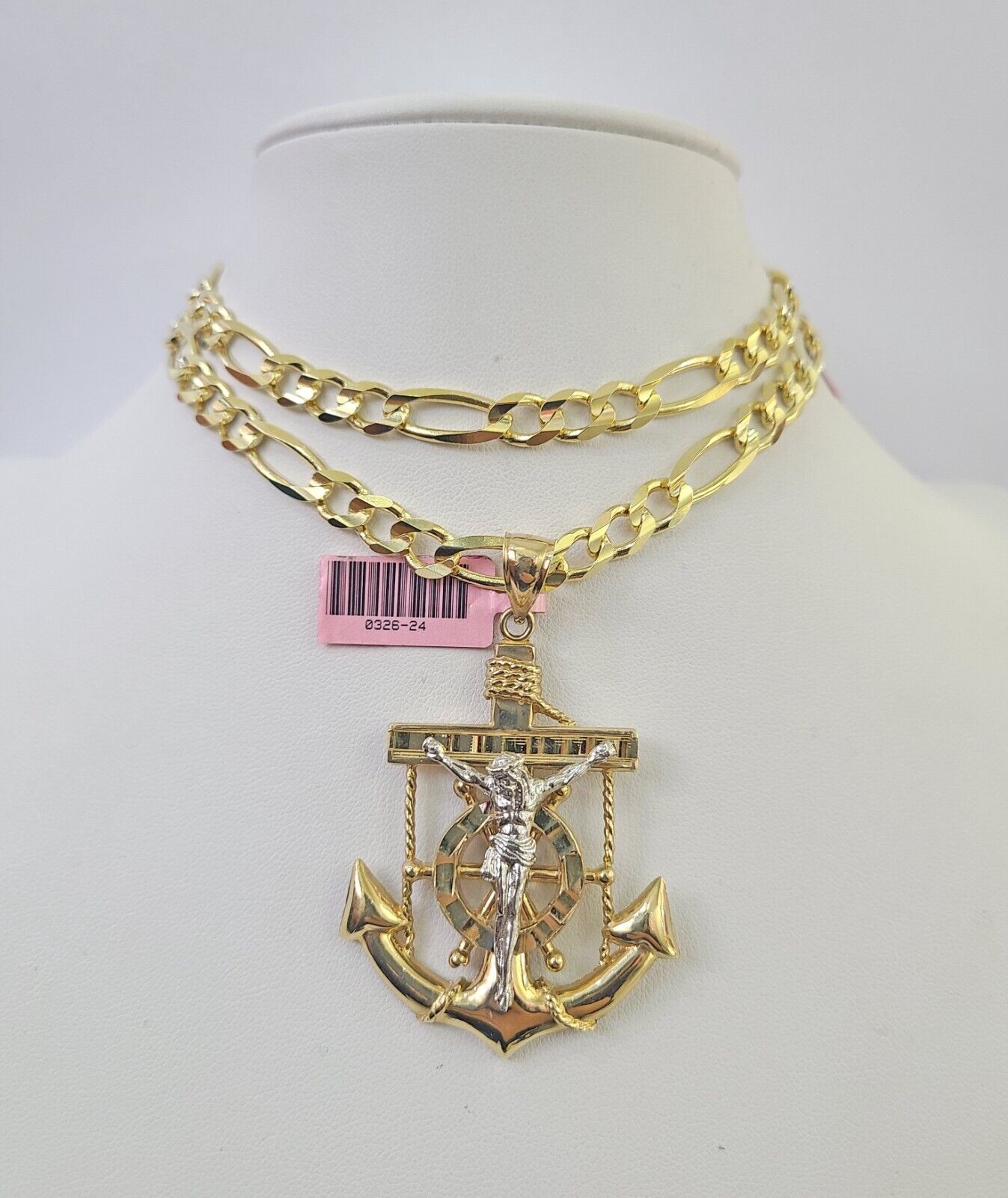 14k Figaro Chain Jesus Anchor Charm Pendant Gold 7mm 20-30 inch SET Necklace