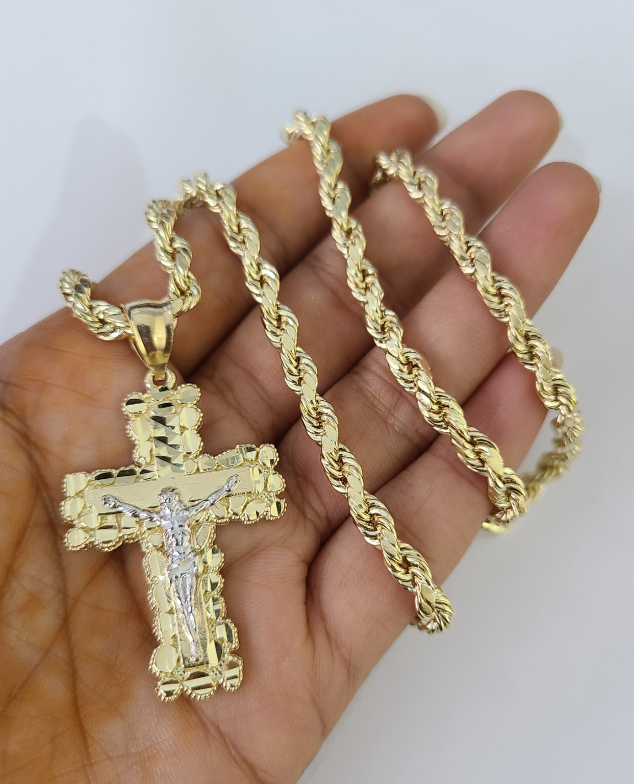 Real 10k Rope Chain Jesus Cross Charm Necklace Pendant Set 5mm 18"-28" Gold