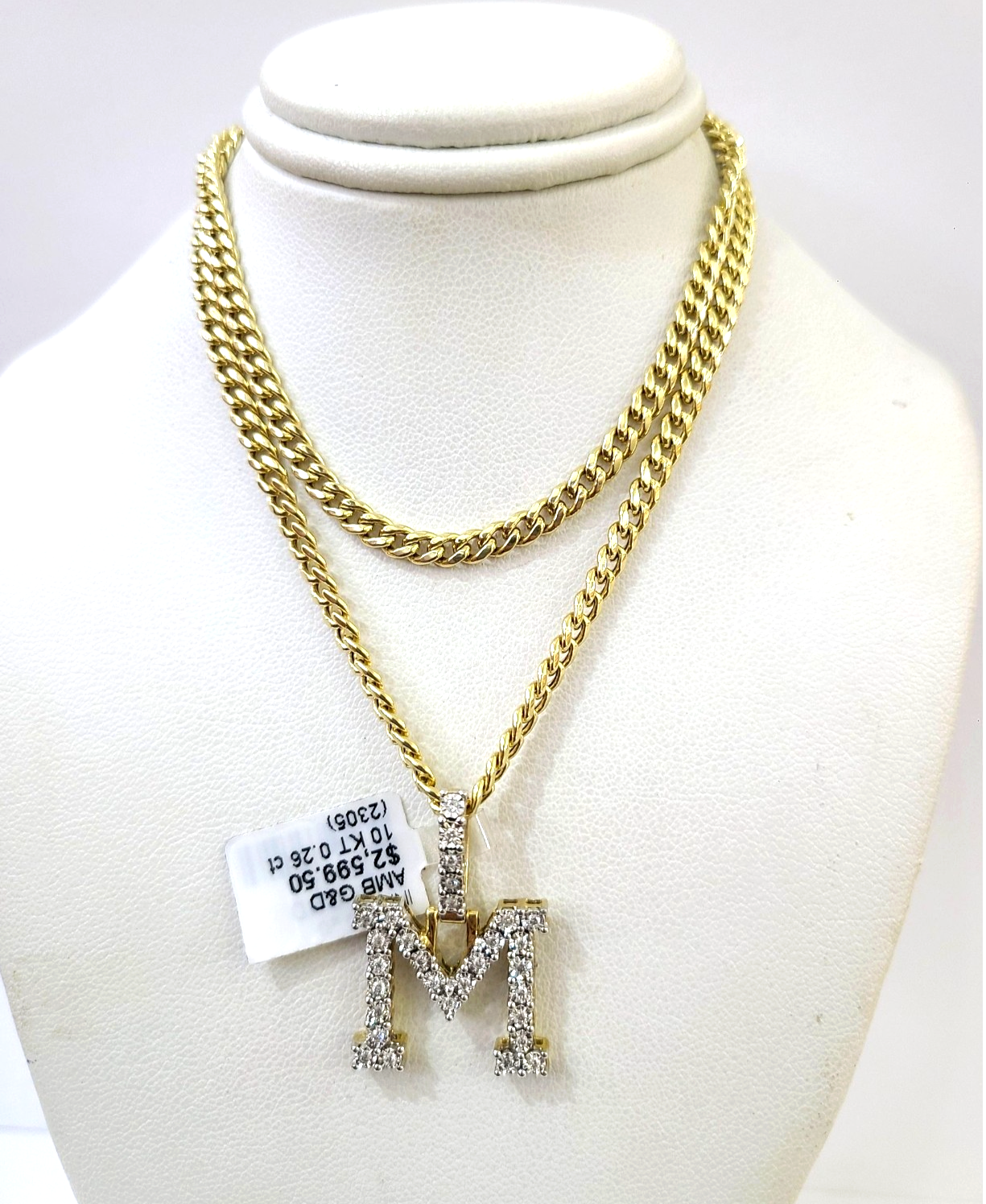 10K Gold Miami Cuban Chain M Diamond Initial 18"-24" 2mm Pendant Necklace SET