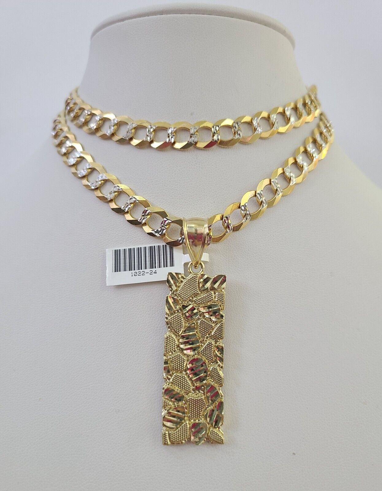 10k Gold Chain Nugget Charm Solid Cuban Curb Necklace 9mm 20"-30" SET