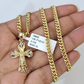 10k Gold Chain Miami Cuban Jesus Cross Charm Pendant Set 4mm 18"-28" Necklace