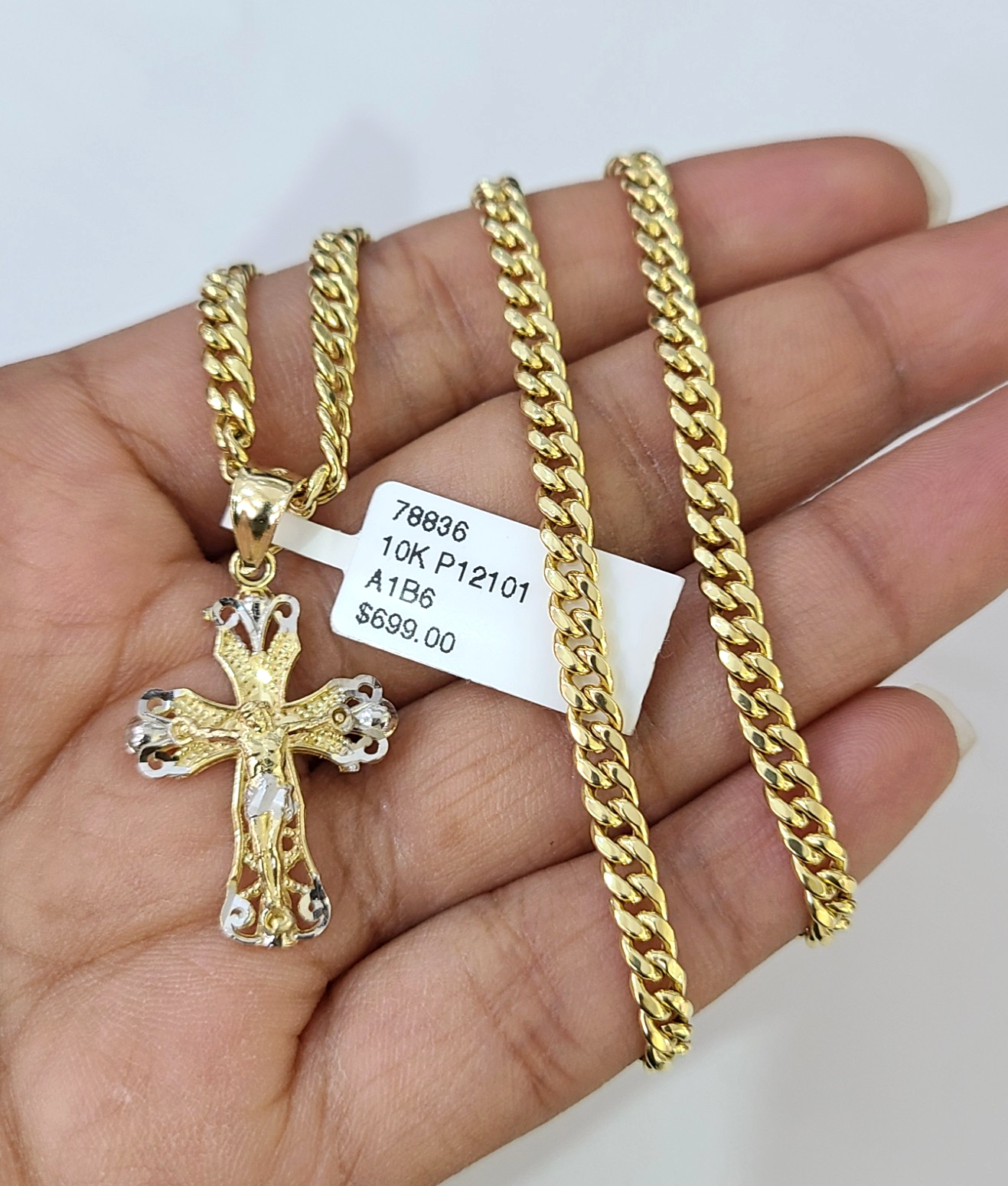 10k Gold Chain Miami Cuban Jesus Cross Charm Pendant Set 4mm 18"-28" Necklace