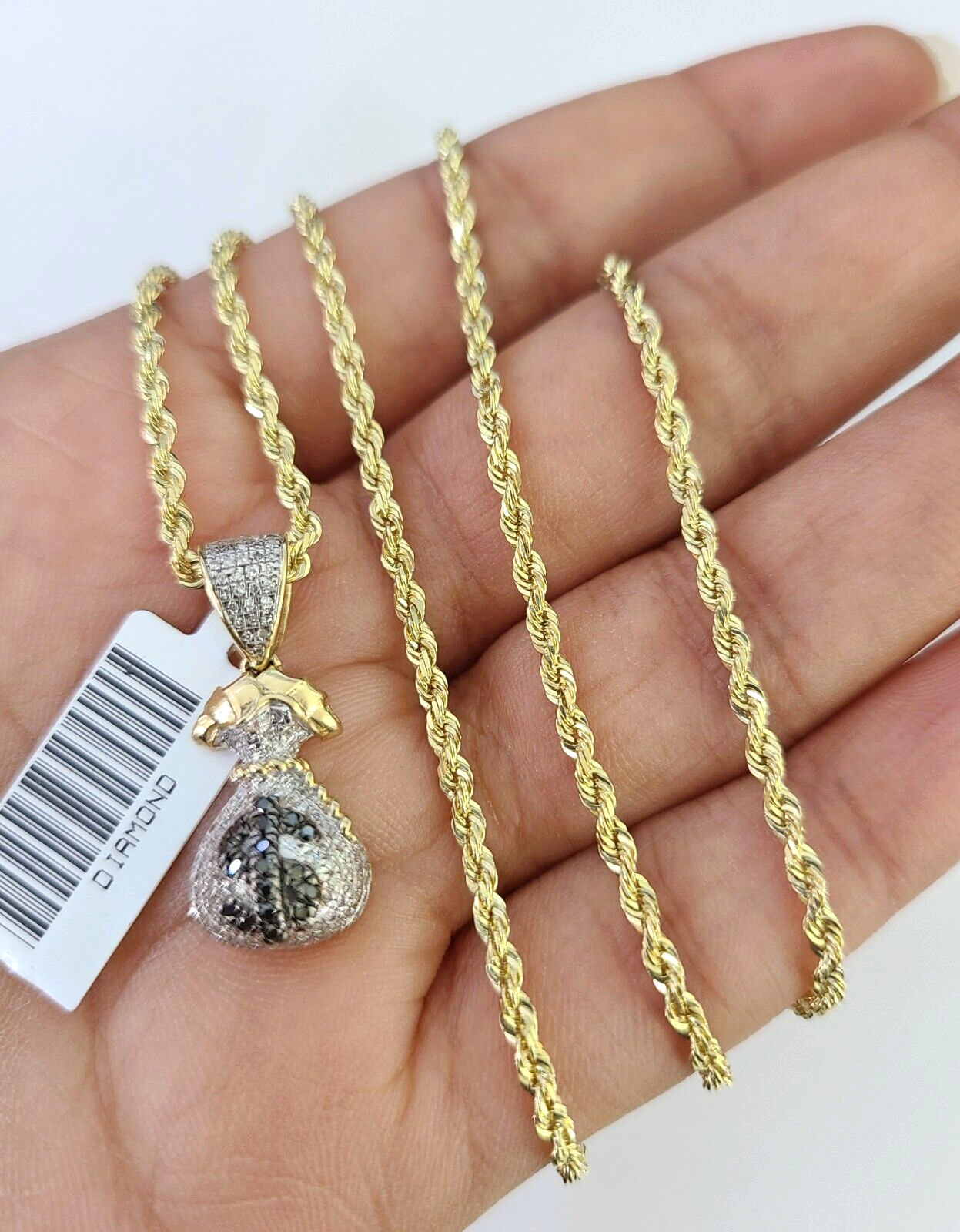 10k Solid Rope Chain 2mm Money Bag Diamond Pendant Charm Necklace SET 18-22 in