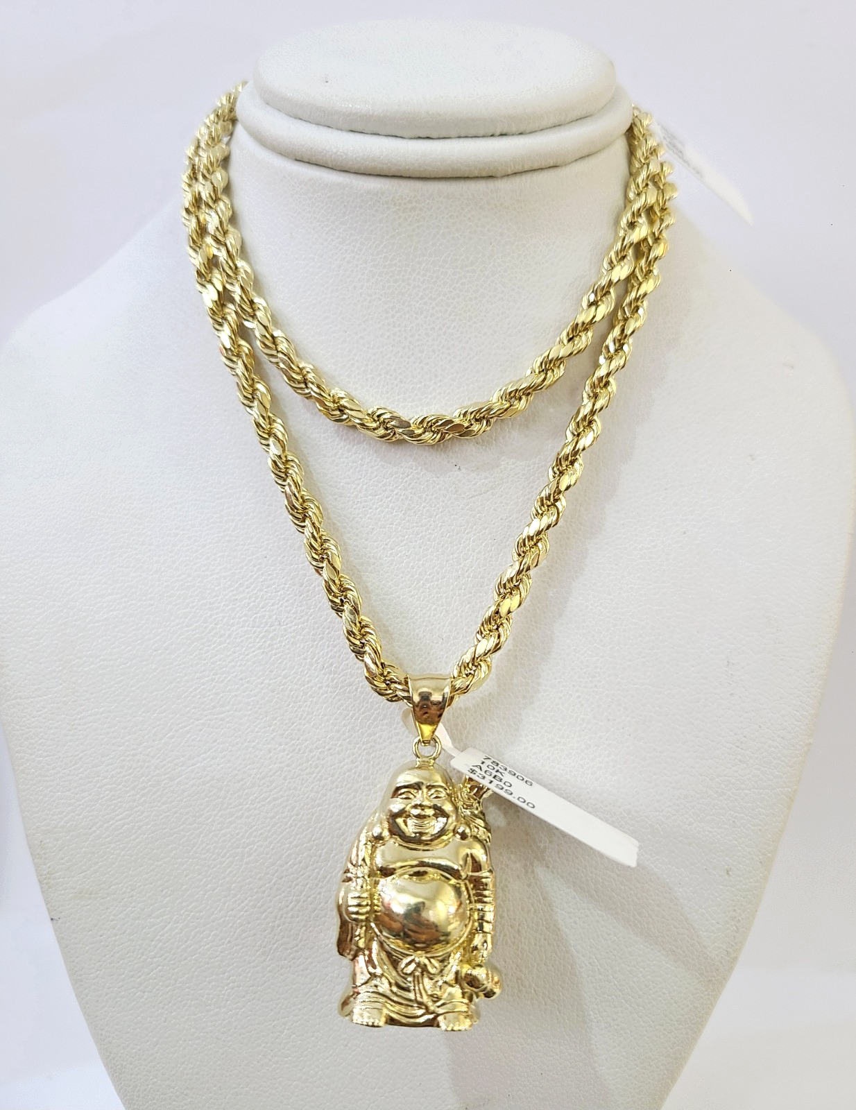 Real 10k Gold Rope Chain Necklace Laughing Buddha Pendant Charm Set 4mm 20"-30"