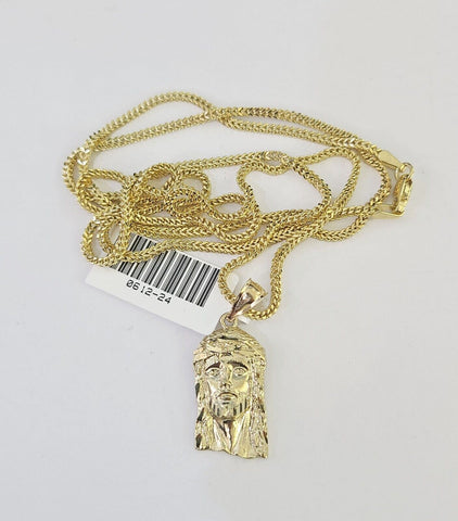 10K Solid Franco Chain Jesus Head Pendant Charm Necklace 18"-24" 1mm Gold