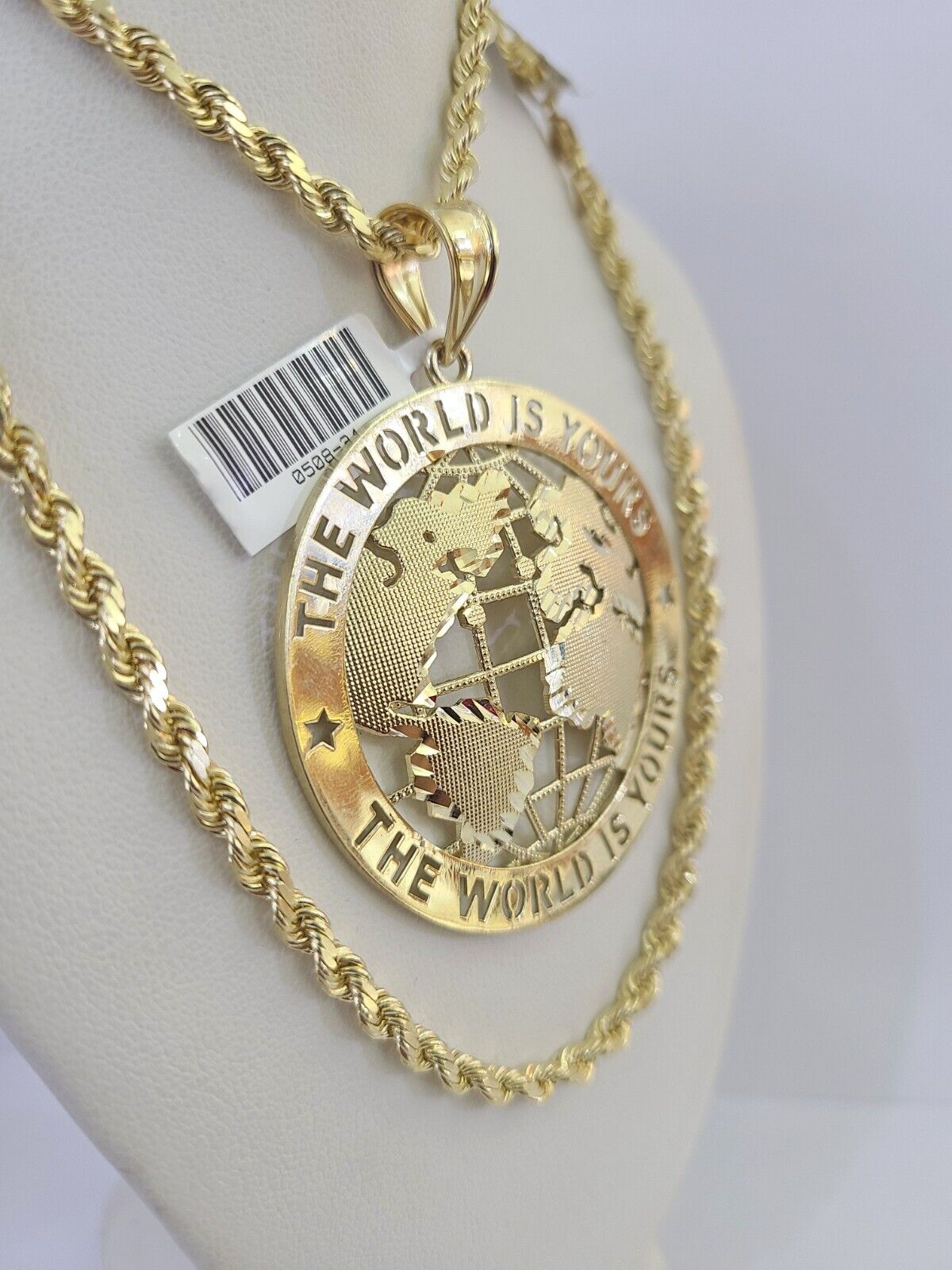 10k Solid Rope Chain World is Yours Charm Set 4mm 20"-28" Necklace Gold Yellow