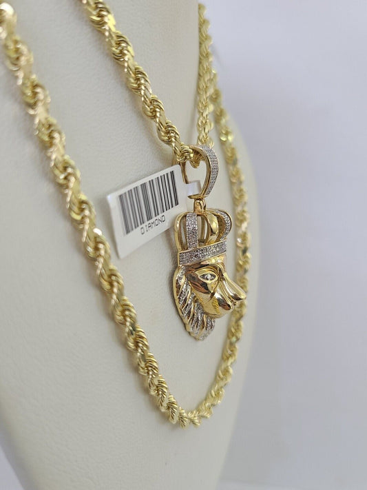 10k Solid Rope Chain Lion Charm Diamond Set 4mm 20"-28" Necklace Gold Yellow