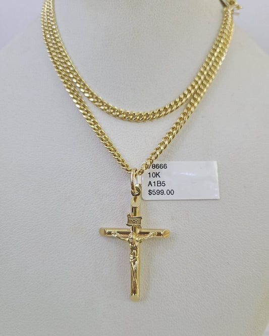 10K Gold Miami Cuban Chain INRI Jesus Cross 18"-28" 3mm Pendant Necklace SET