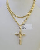 10K Gold Miami Cuban Chain INRI Jesus Cross 18"-28" 3mm Pendant Necklace SET