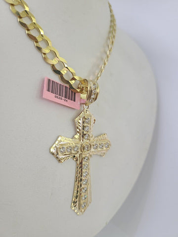 14k Solid Cuban Curb Link Chain Jesus Cross Charm Pendant 8mm 22inch YellowGold