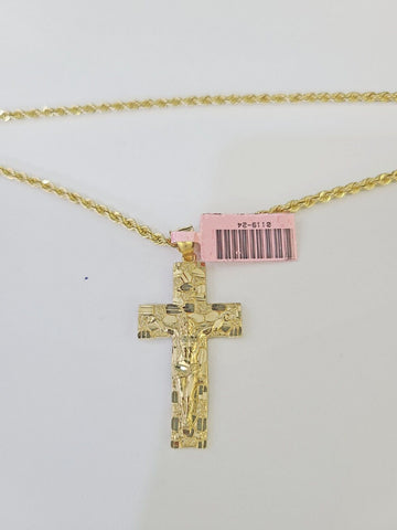 Real 14k Rope Chain Jesus Cross Charm Set Yellow Gold 3mm 18"-26" Necklace