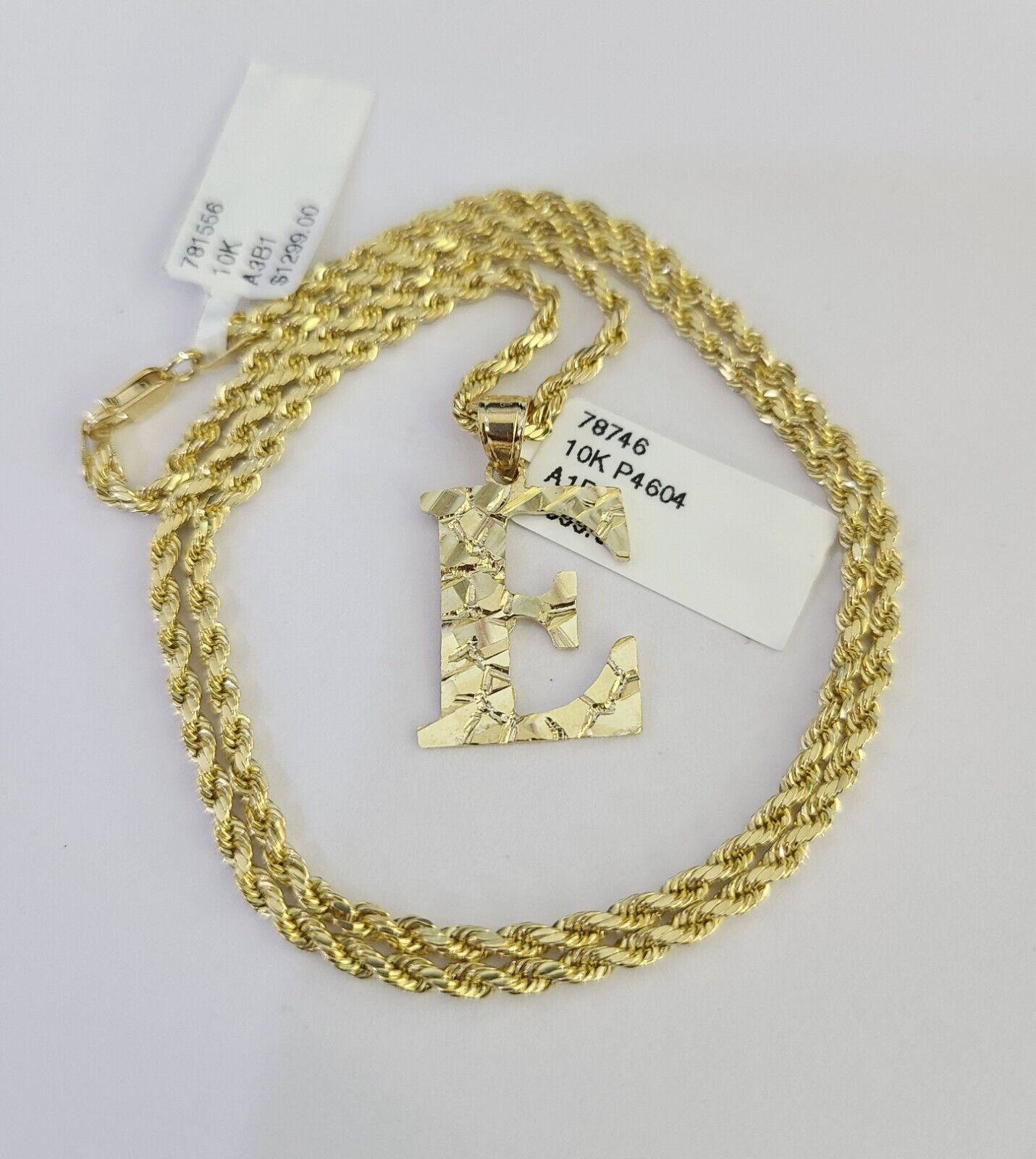 10k Gold Initial E Charm Rope Chain 16"-26" 2.5mm SET Necklace Alphabet Pendant