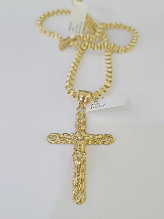 10k Gold Byzantine Box Necklace Jesus Cross Charm 18"-26" SET Yellow Real